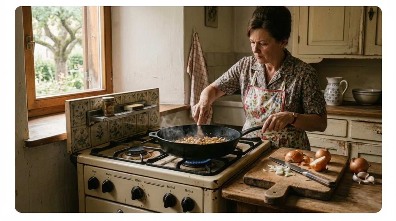 A woman in a floral apron stirs food in a cast-iron skillet on an old-fashioned gas stove.