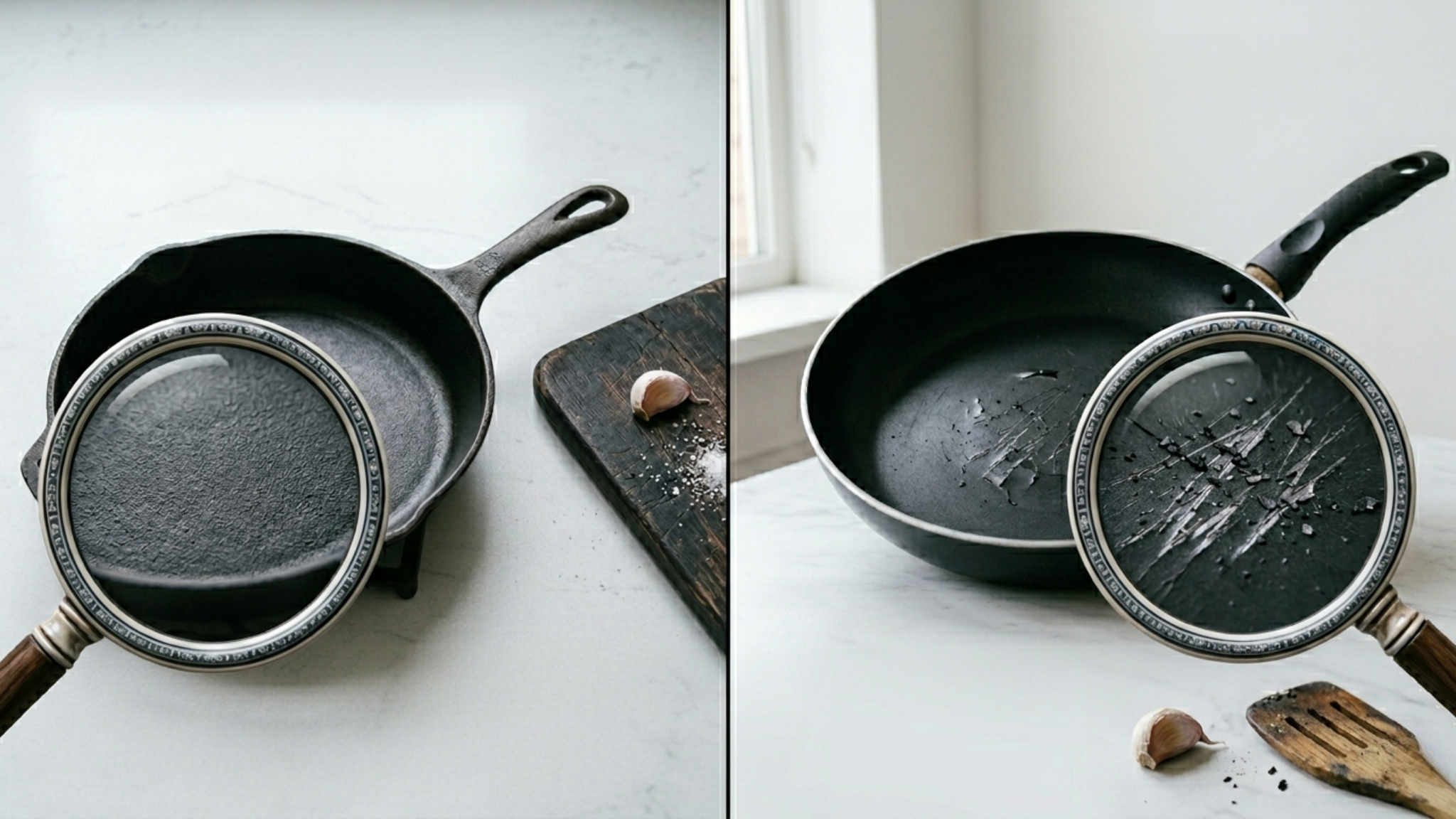 A split image comparing a cast iron skillet to a scratched, peeling non-stick pan under magnifying glasses.