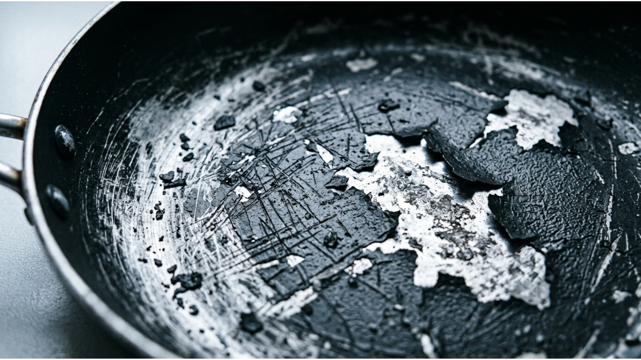 A close-up of a frying pan with a heavily scratched and peeling black non-stick coating.
