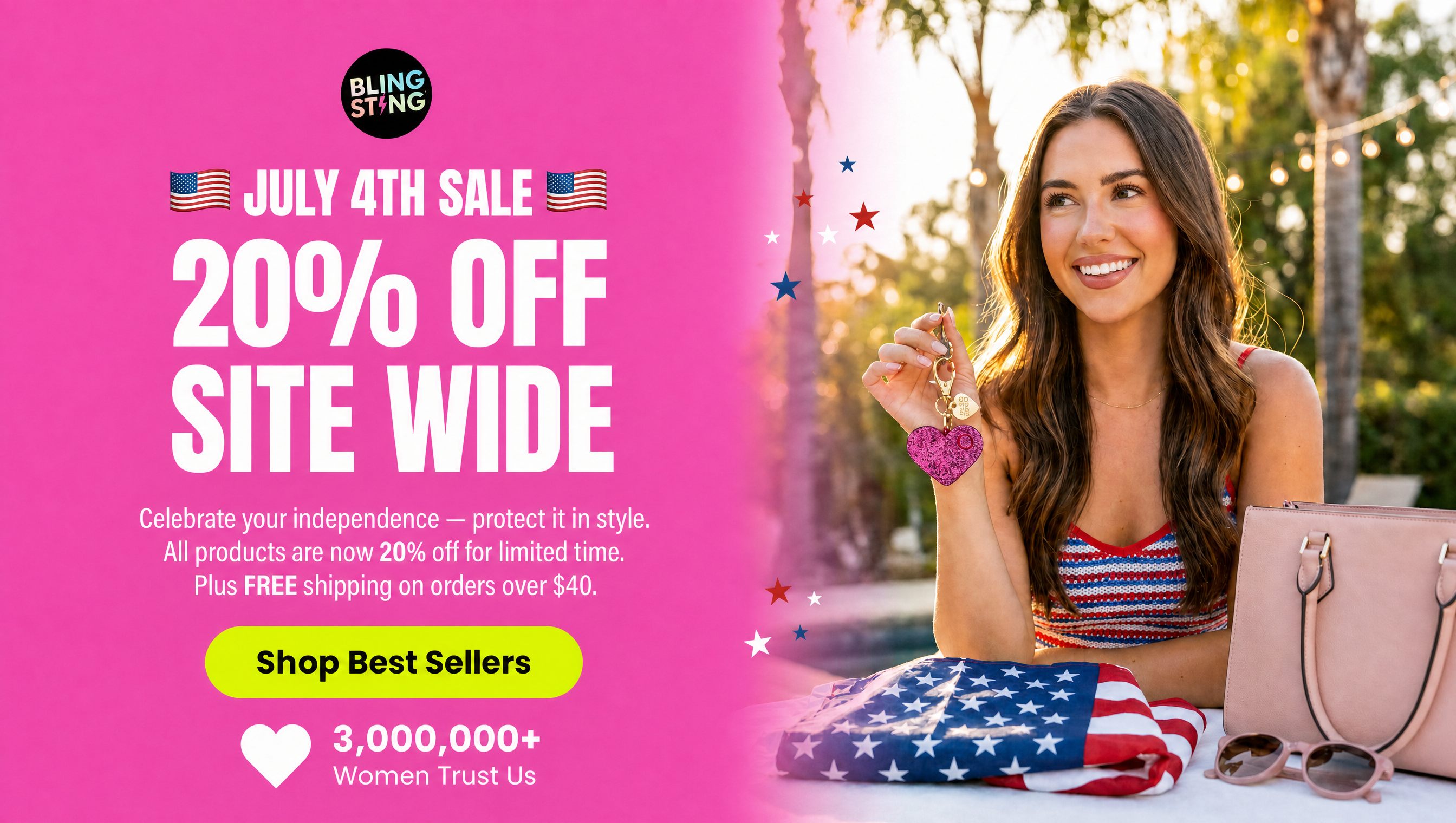 A promotional banner for a Bling Sting July 4th sale featuring a smiling woman holding a pink keychain.