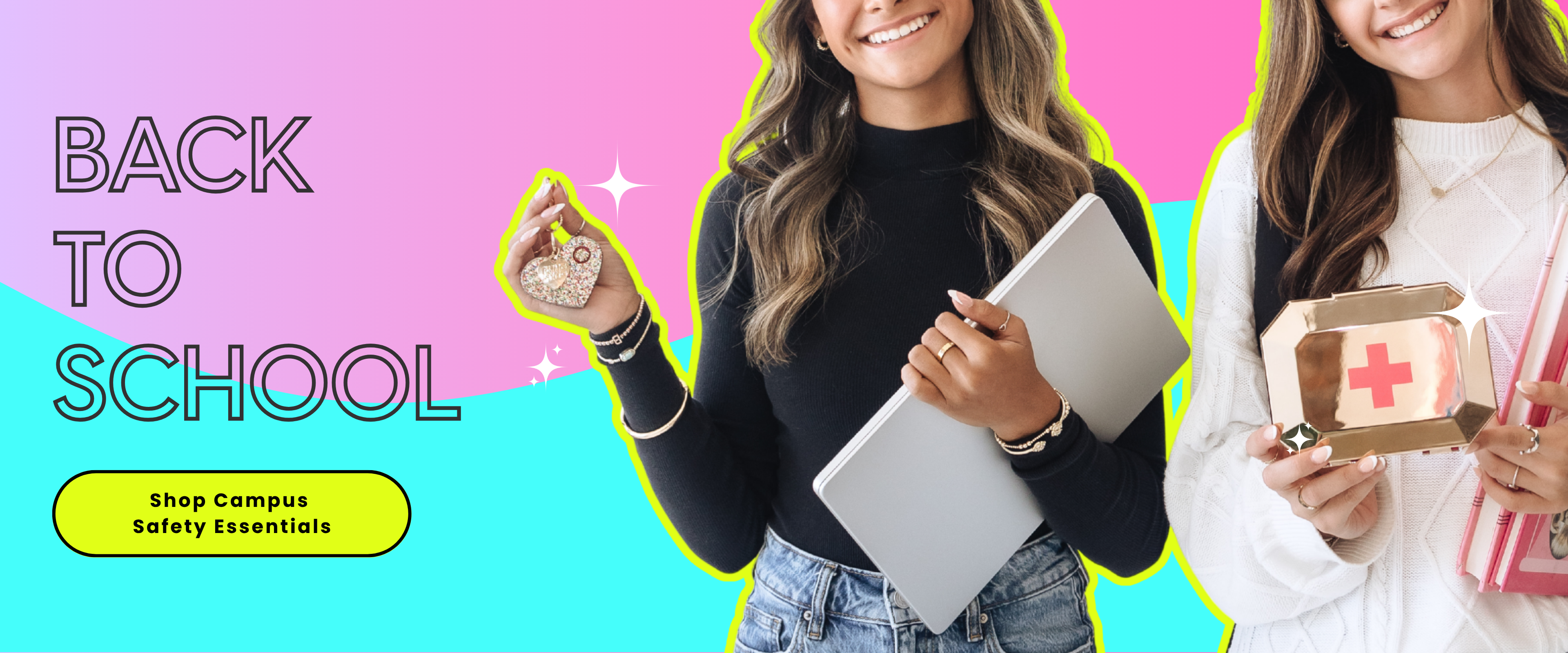 Two people holding school supplies with 'Back to School' text on colorful background.