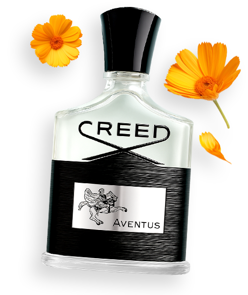 Creed Aventus perfume bottle with orange flowers around it.