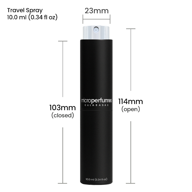 Black travel spray bottle with measurements and branding.