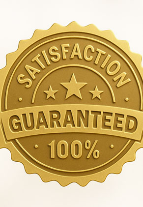 Gold badge with 'Satisfaction Guaranteed 100%' and stars.
