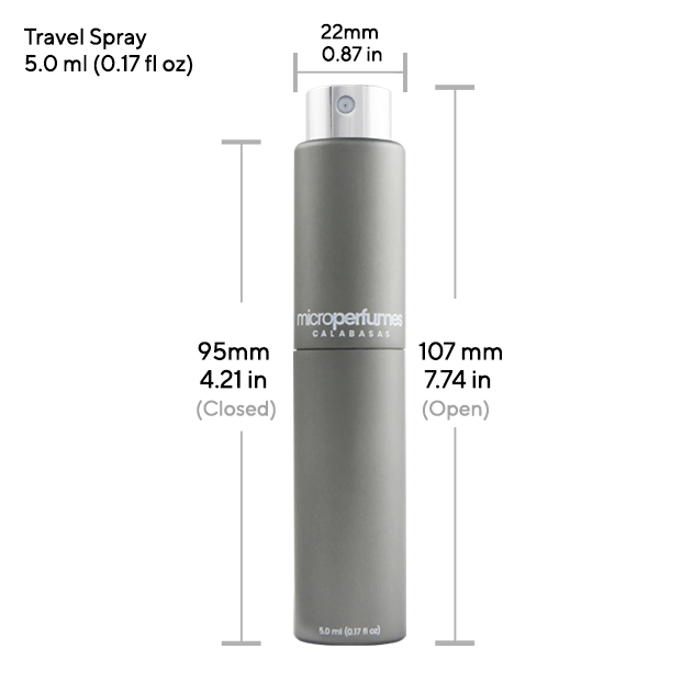 Gray travel spray bottle with measurements and text.