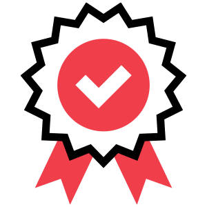 Red badge with a white checkmark and ribbon tails.