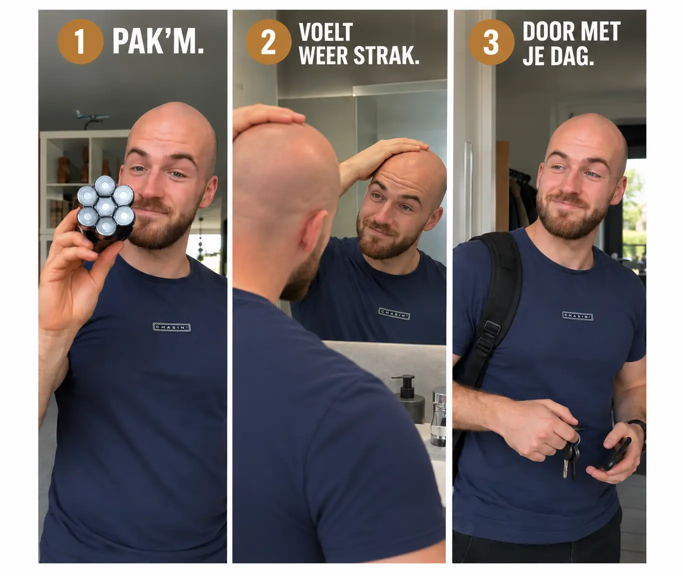 A three-panel image of a man holding a head shaver, admiring his shaved head, and leaving.