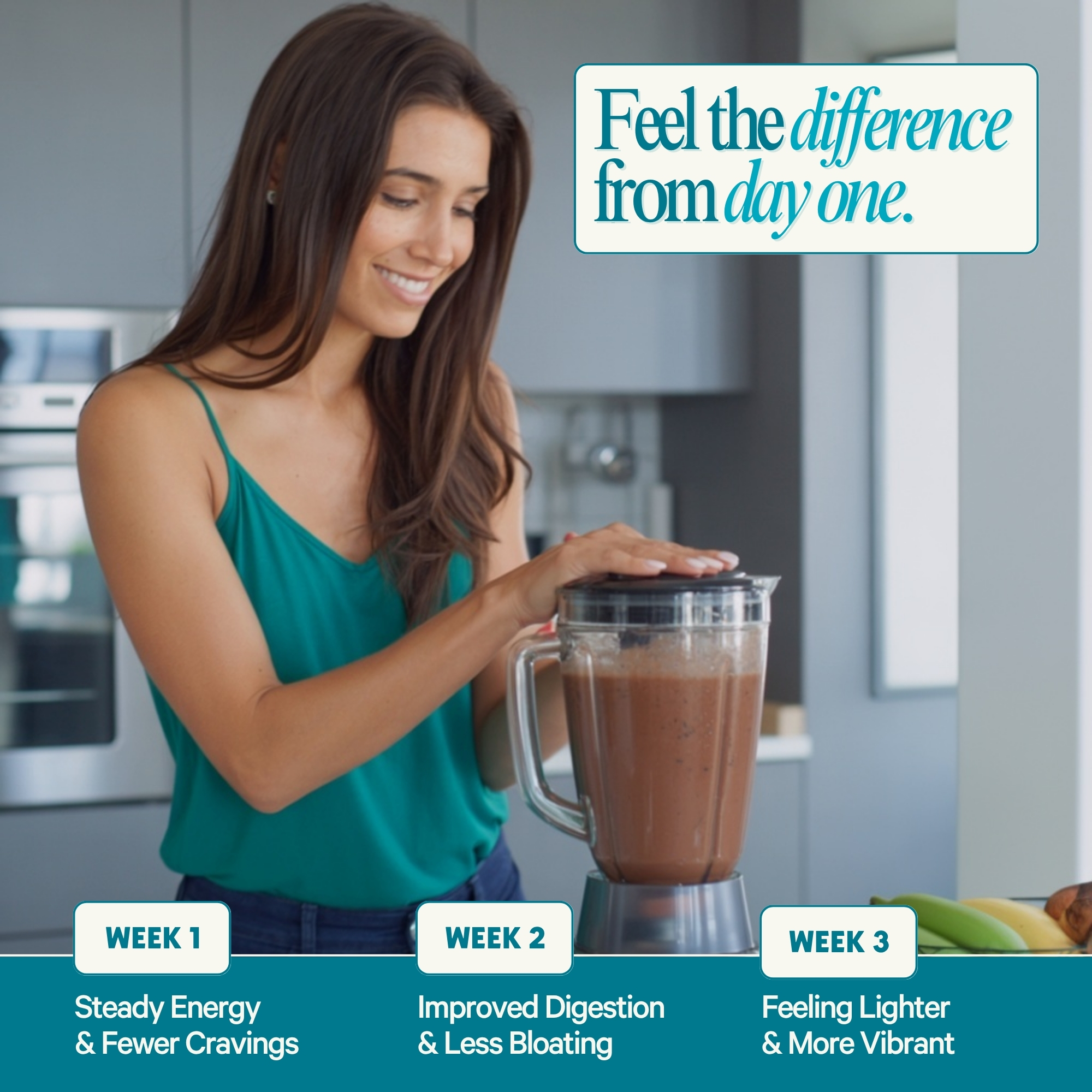 Woman blending smoothie in kitchen with text about health benefits over three weeks.