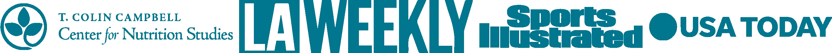 Logos of T. Colin Campbell Center, LA Weekly, Sports Illustrated, and USA Today in blue.