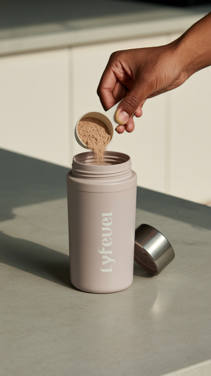 Hand pouring powder into a pink Lyfeuel bottle on a countertop.