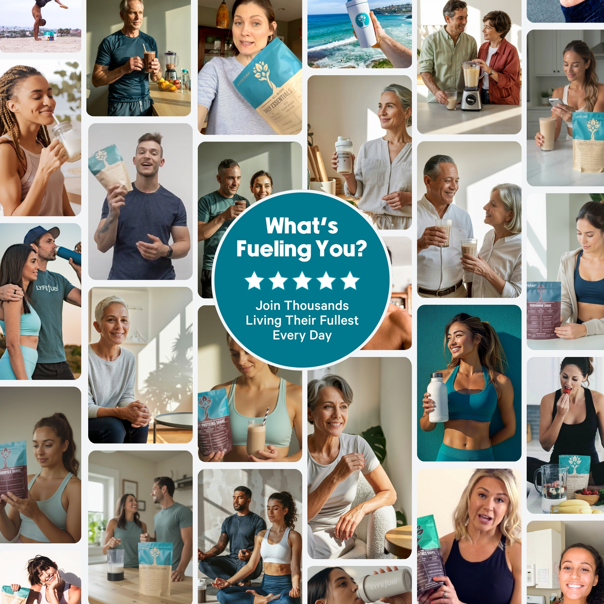 Collage of people enjoying health drinks with a central motivational message.