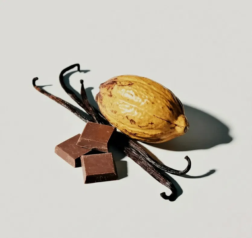 Cocoa pod, vanilla beans, and chocolate pieces on a white background.