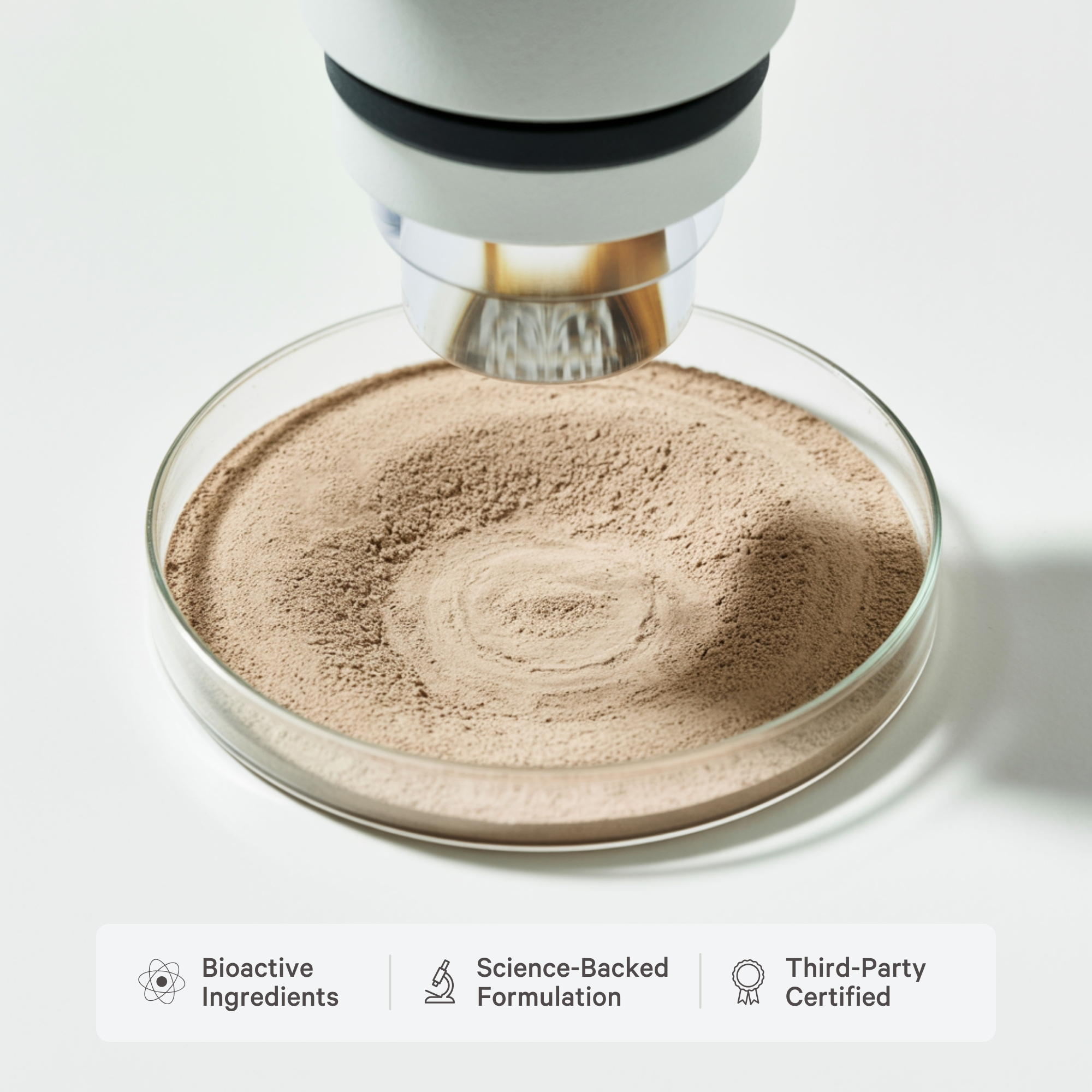 Microscope examining brown powder in a petri dish with certification icons below.