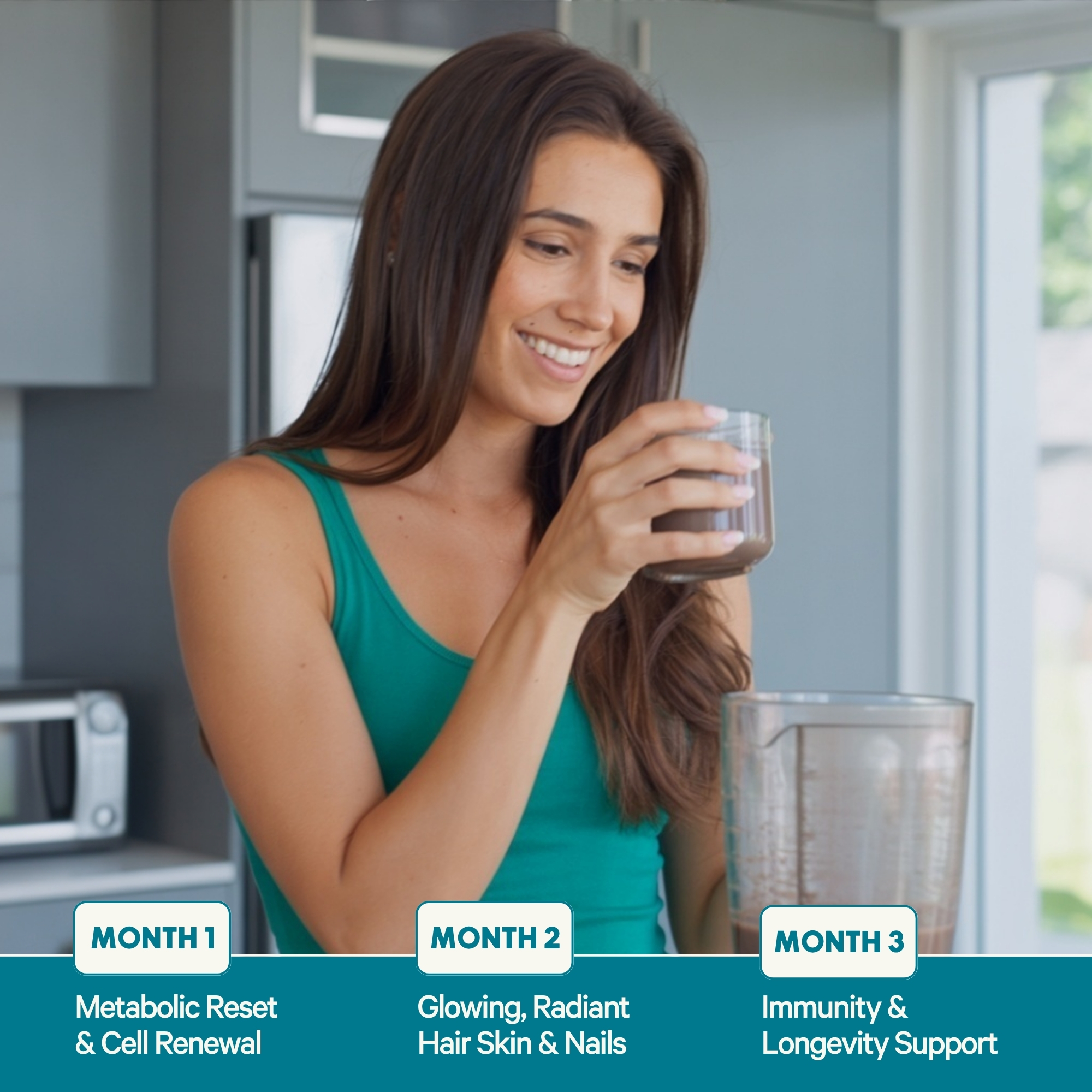 Woman in a kitchen holding a glass, smiling.