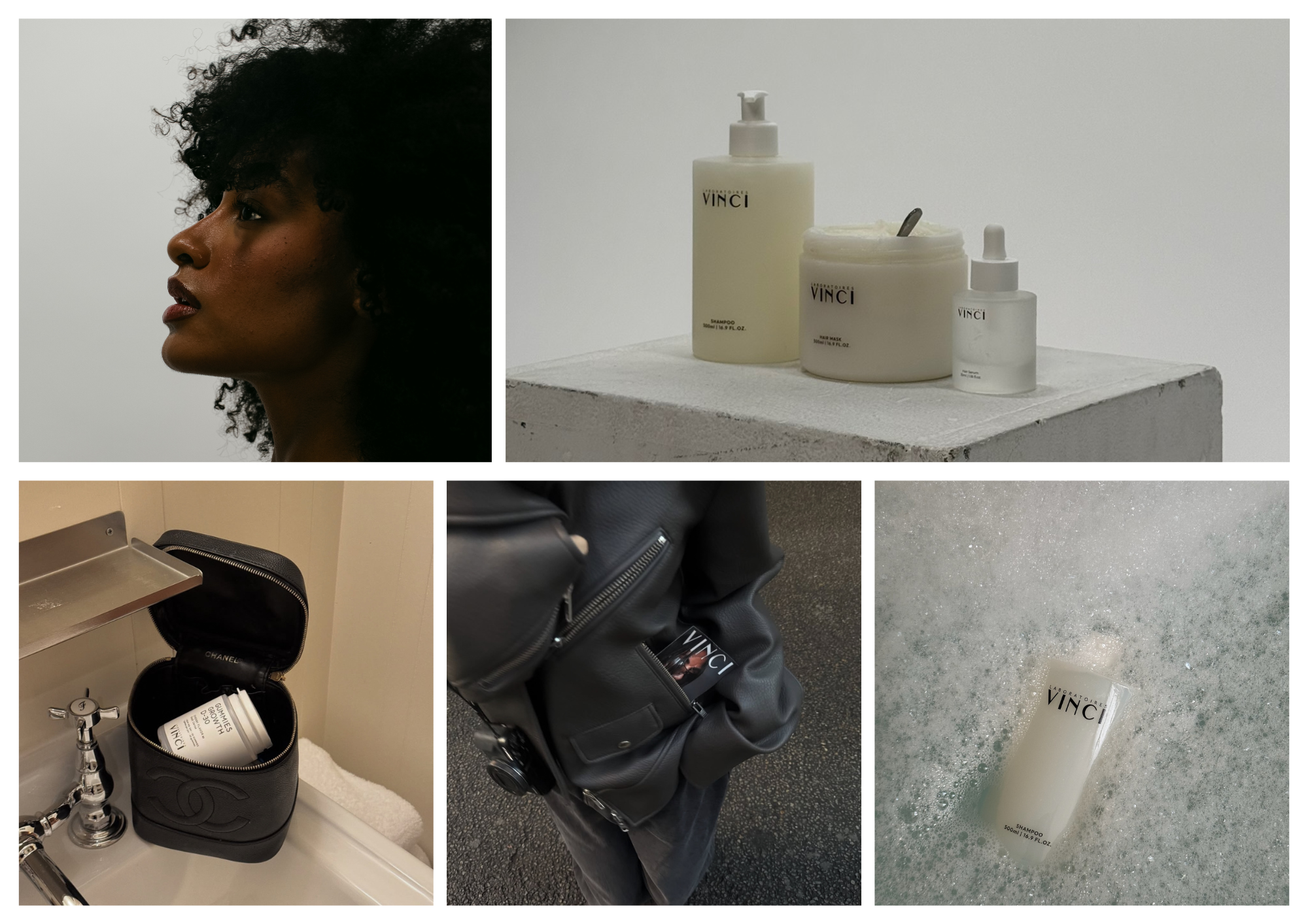 Collage of haircare products, a person in profile, soap, and an open bag on a sink.
