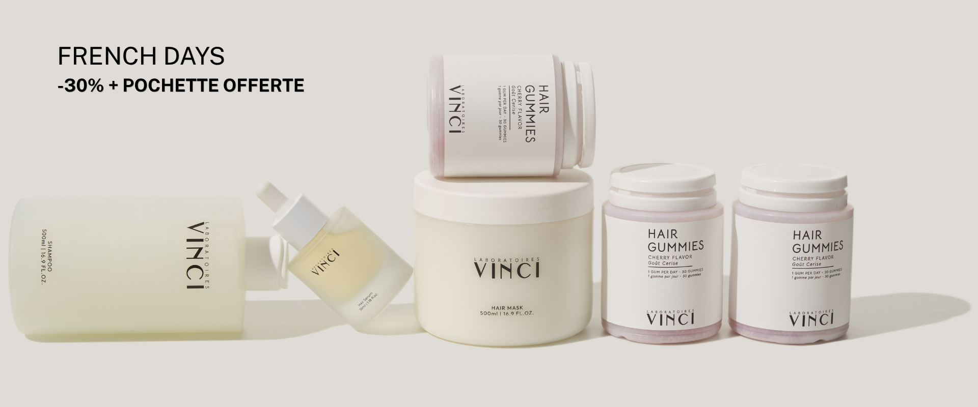 A collection of Vinci hair care products including shampoo, serum, hair mask, and gummies on a light background.