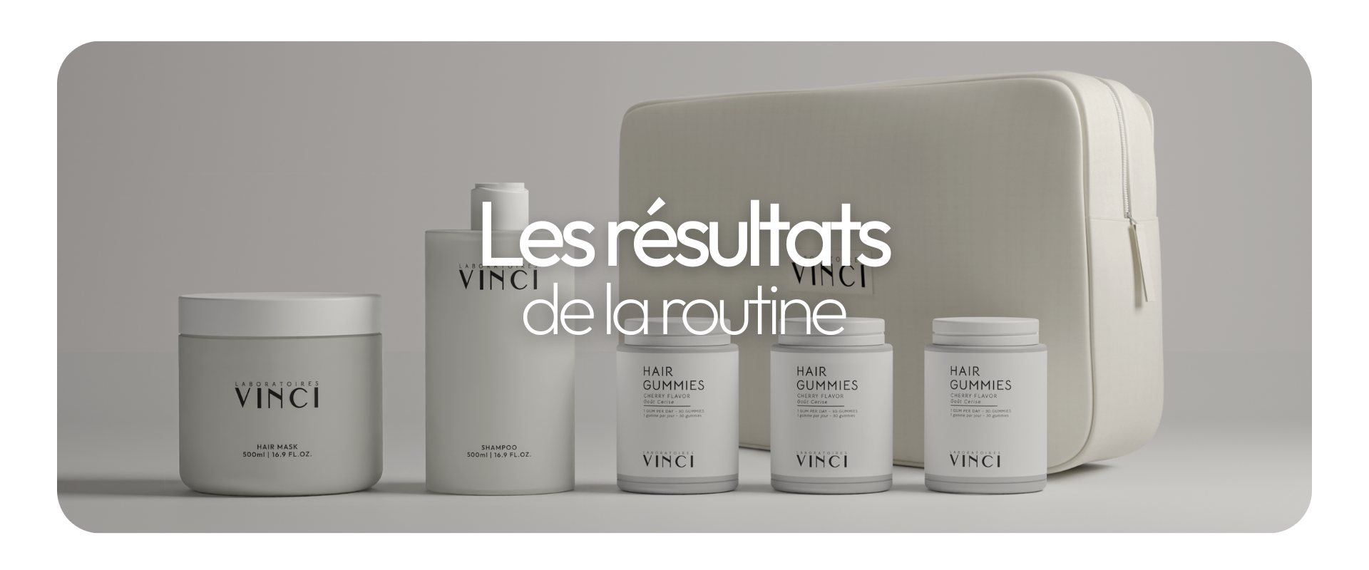 Haircare products and a bag, with French text overlay.