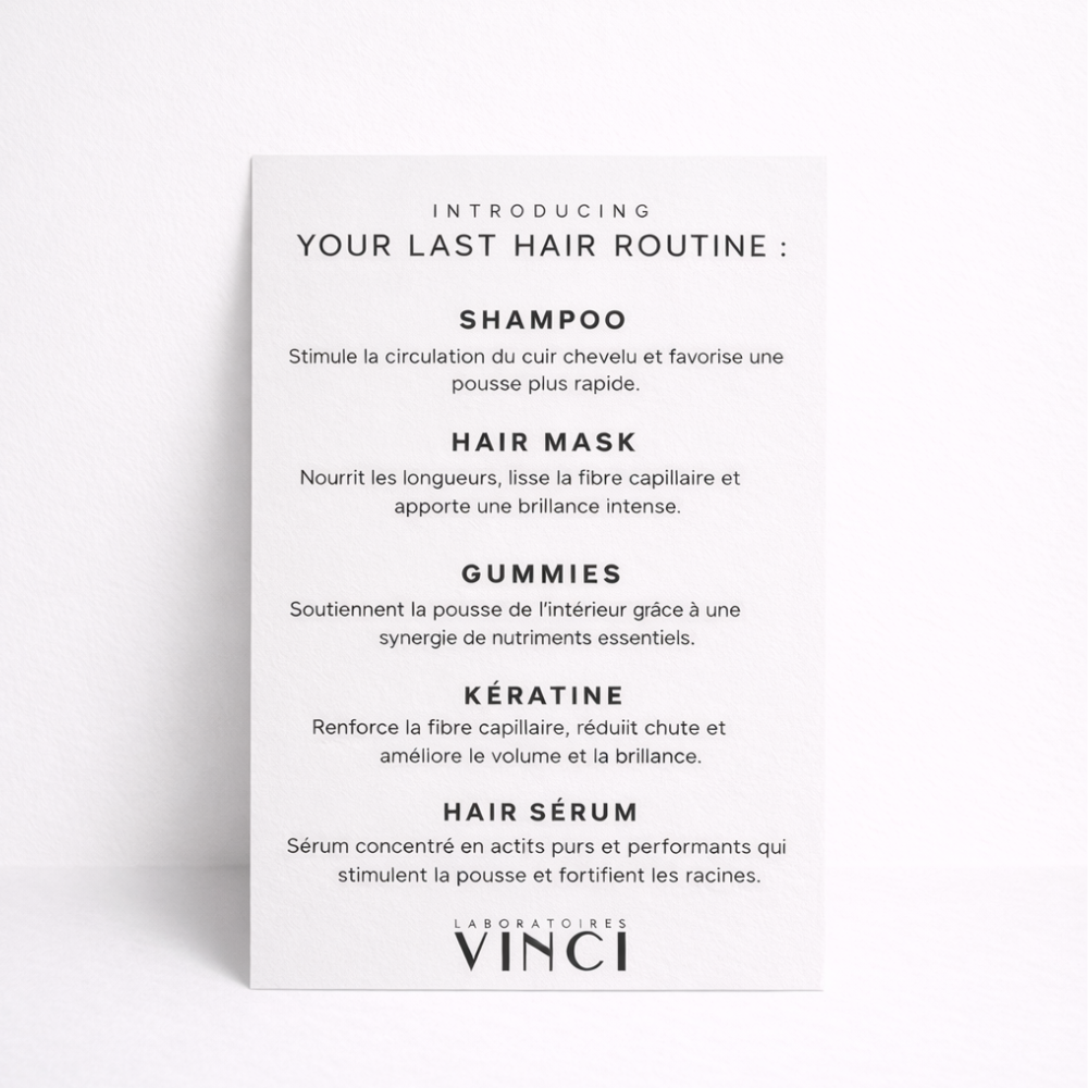 A white card listing hair products and benefits in French, titled 'Your Last Hair Routine'.
