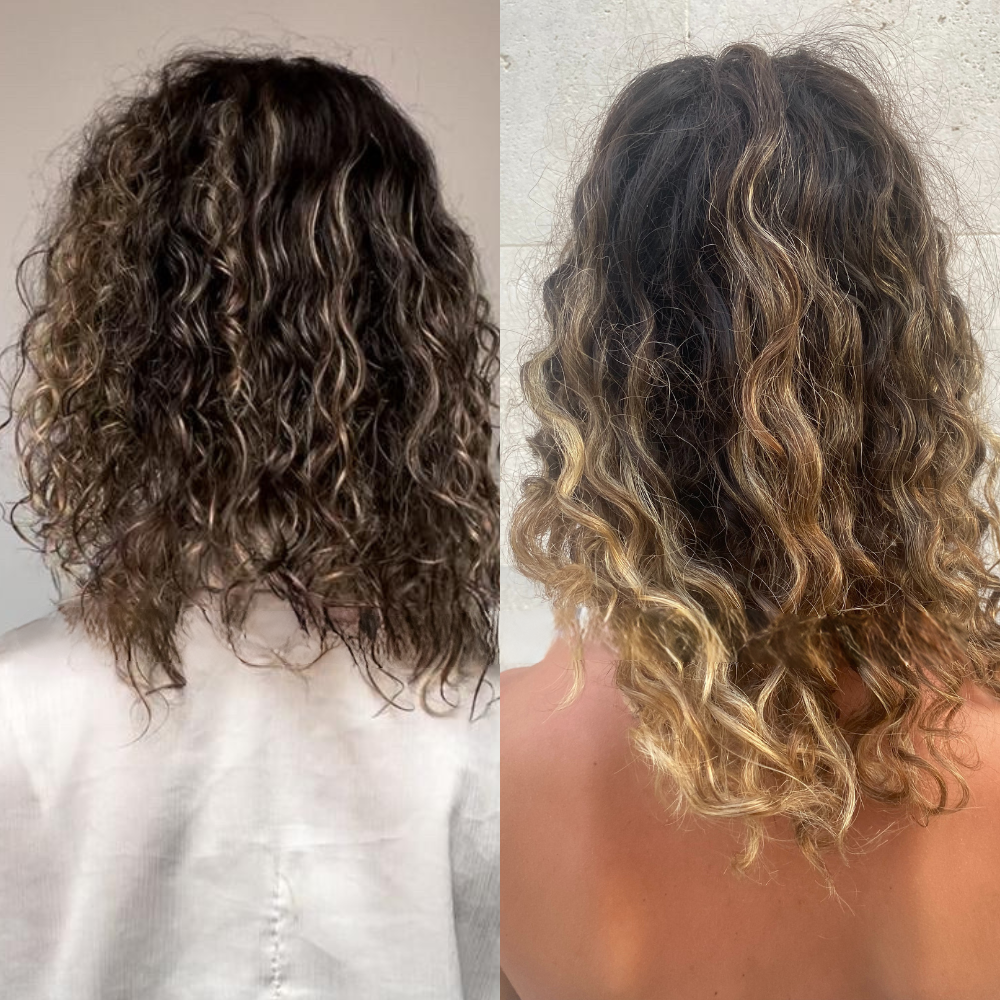 Two side-by-side images of curly hair from the back.