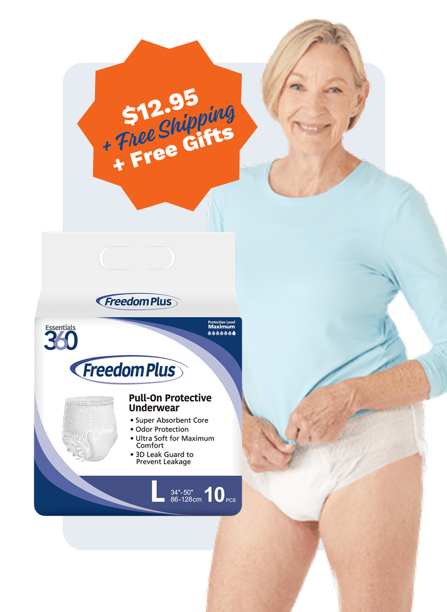 Woman in blue shirt with packaging of pull-on protective underwear.