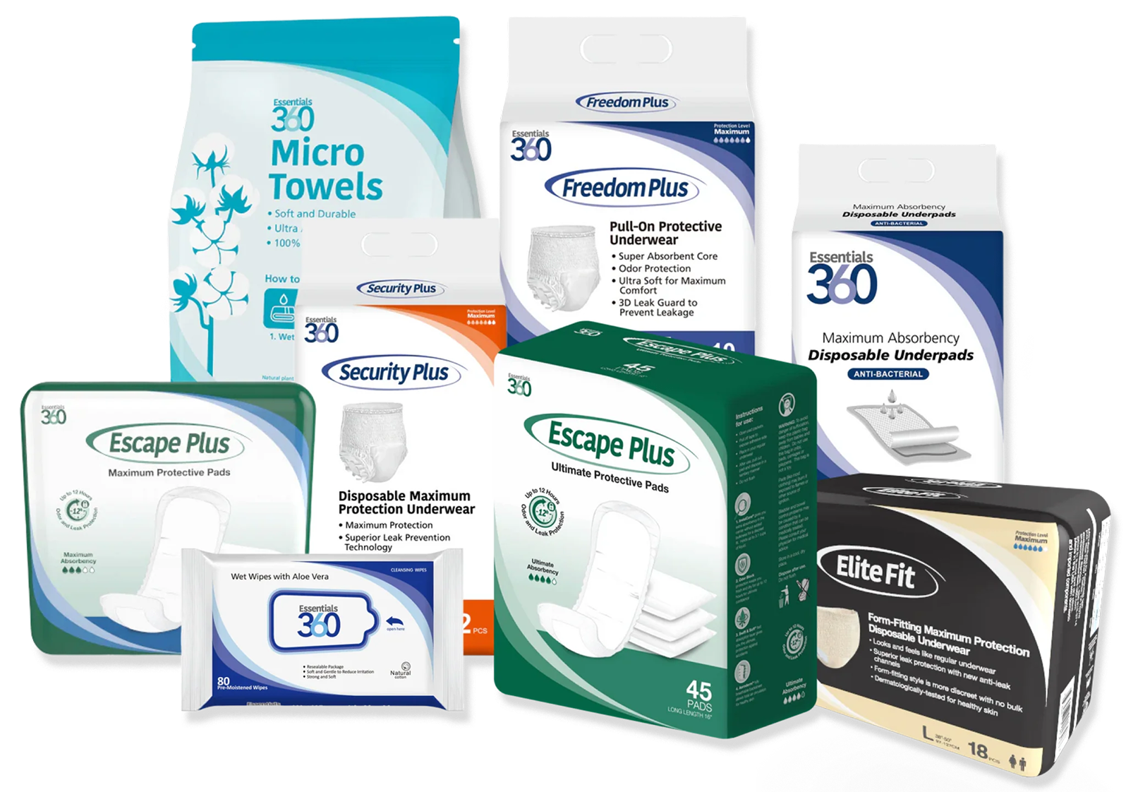Various packages of adult protective underwear and pads.