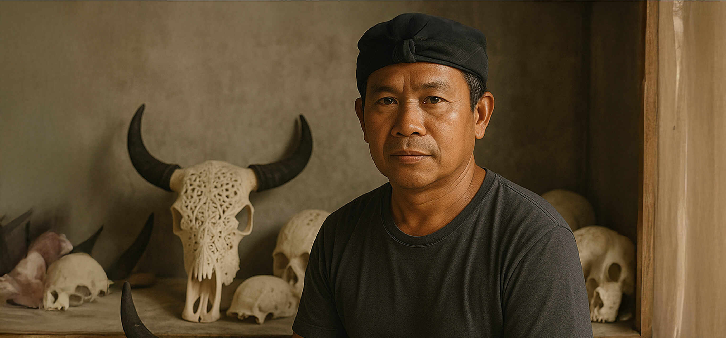 Man in black cap with carved skulls and horns in the background.
