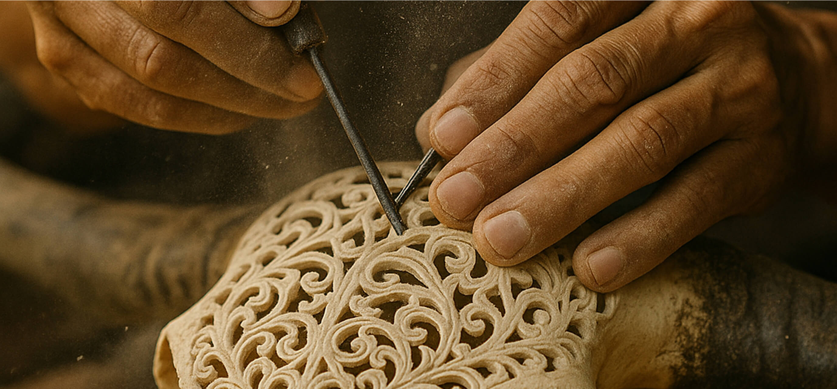 Hands carving intricate patterns into a bone with tools.