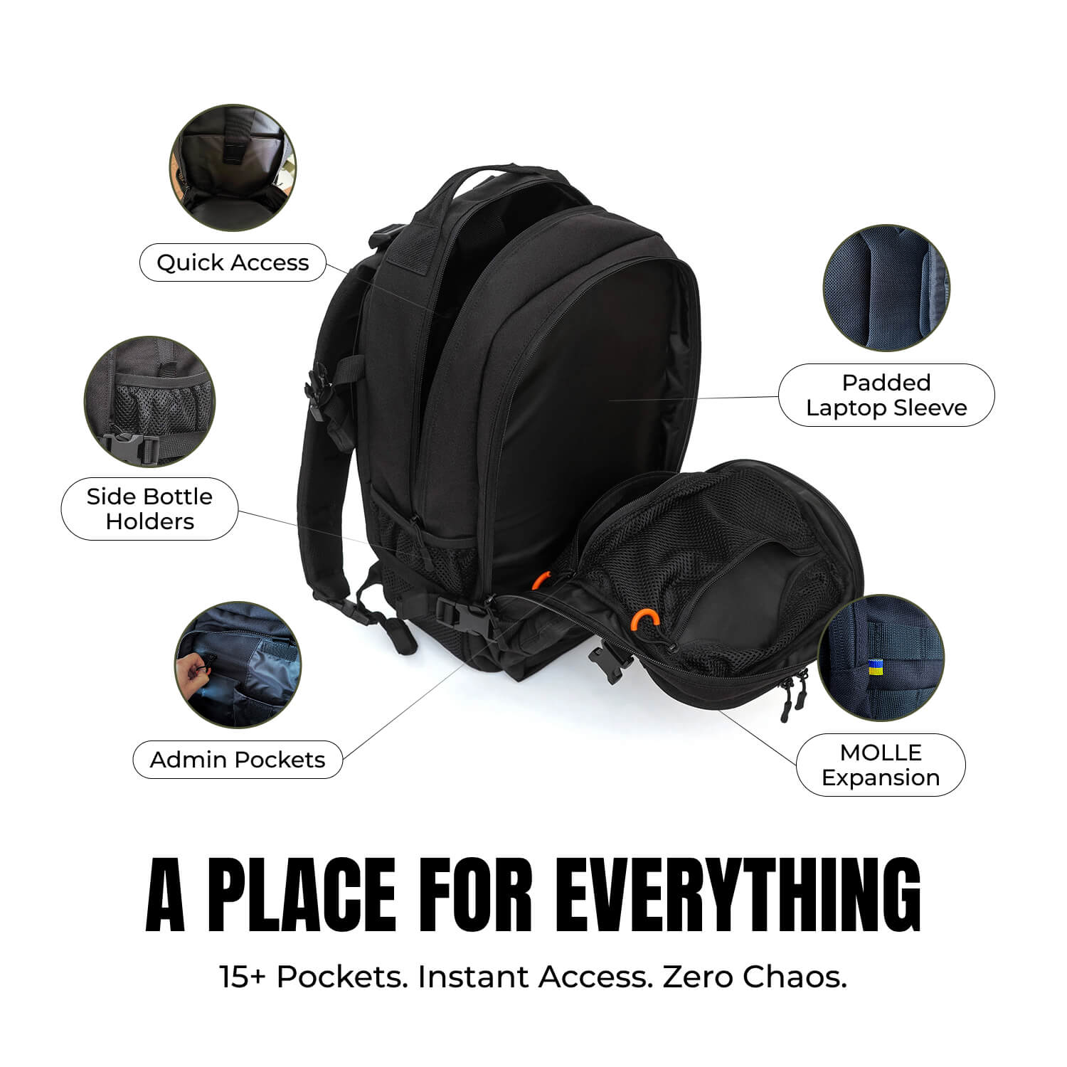 Black backpack with highlighted features: pockets, padded laptop sleeve, and side bottle holders.