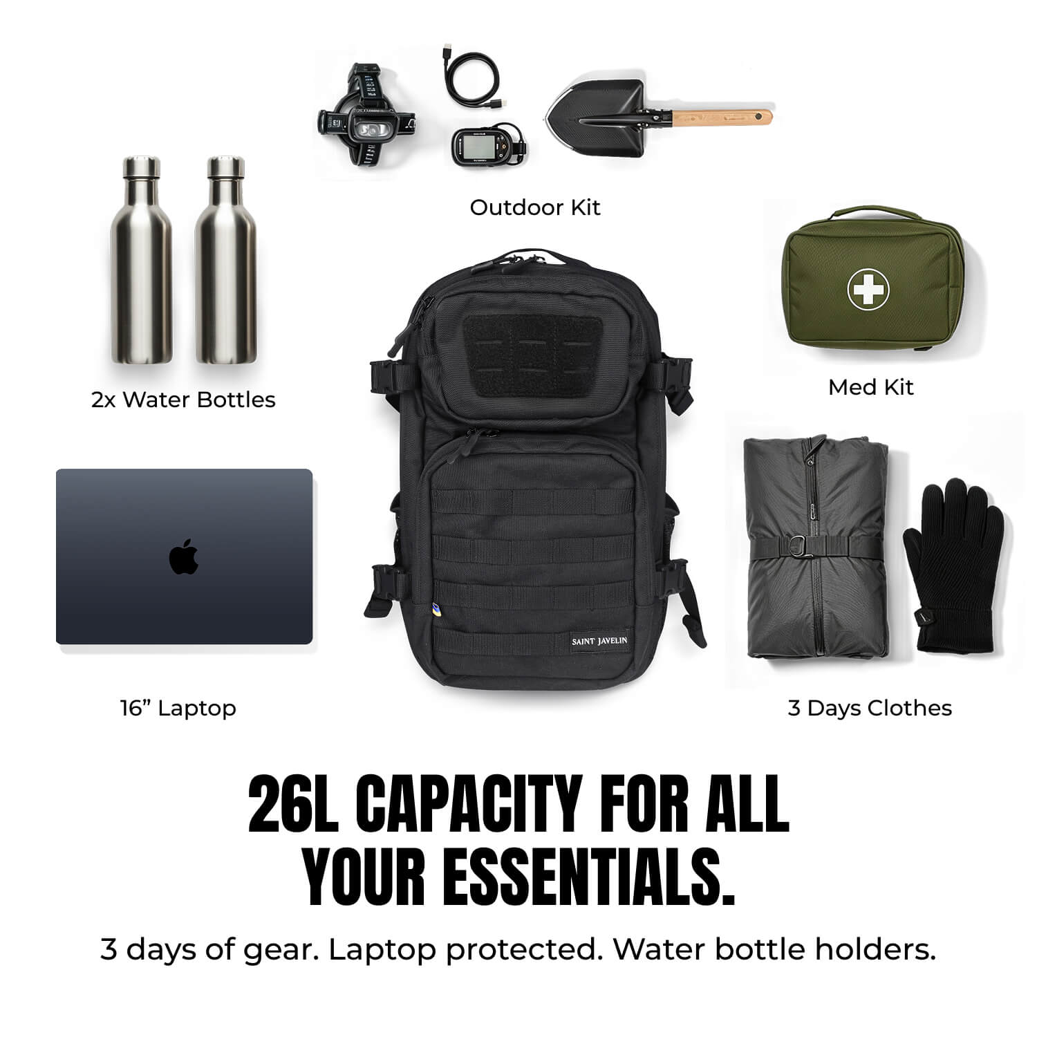 Black backpack with gear, including water bottles, outdoor kit, med kit, laptop, clothes, and gloves.