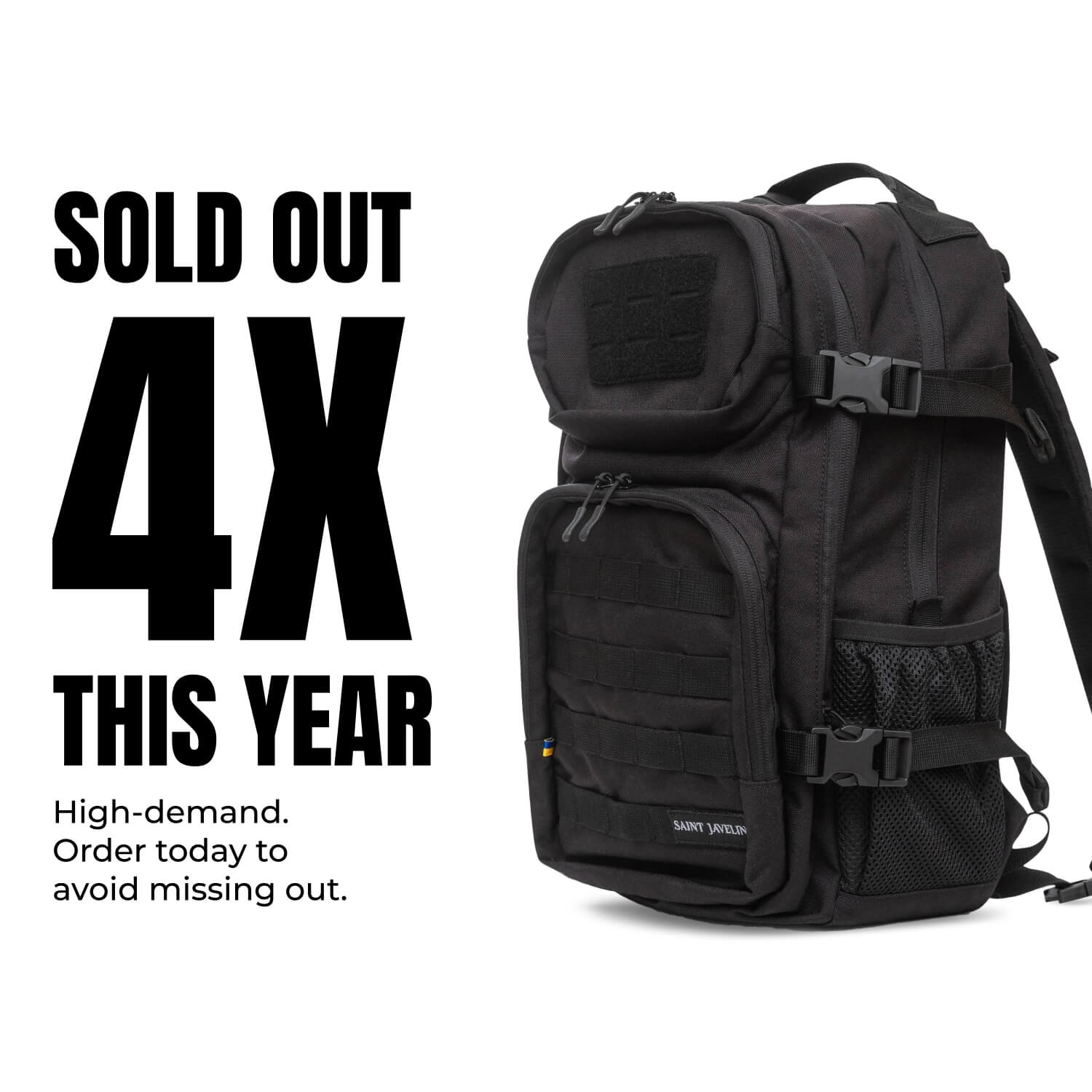 Black backpack with zippers and text reading 'Sold Out 4x This Year'.