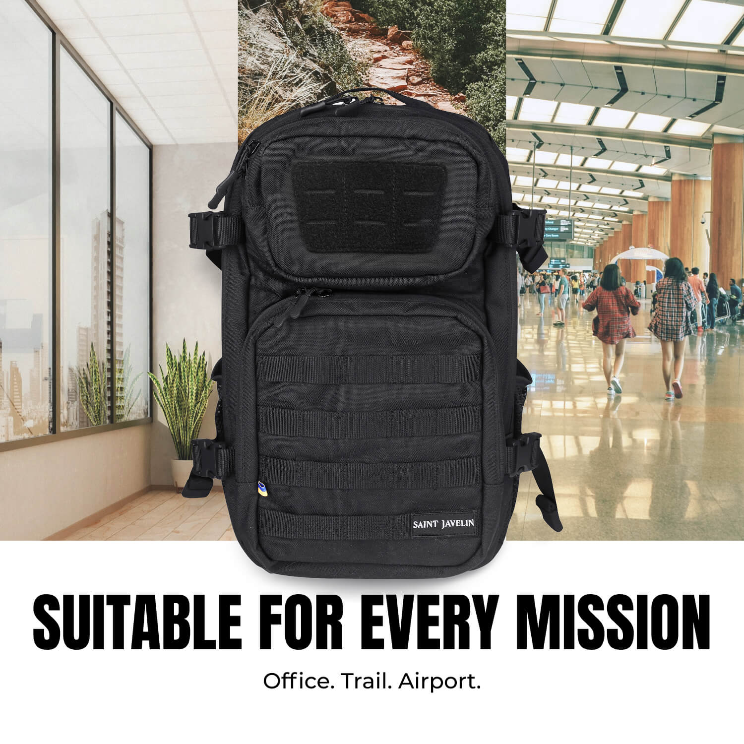 Black backpack in office, trail, and airport scenes with caption 'Suitable for Every Mission.'