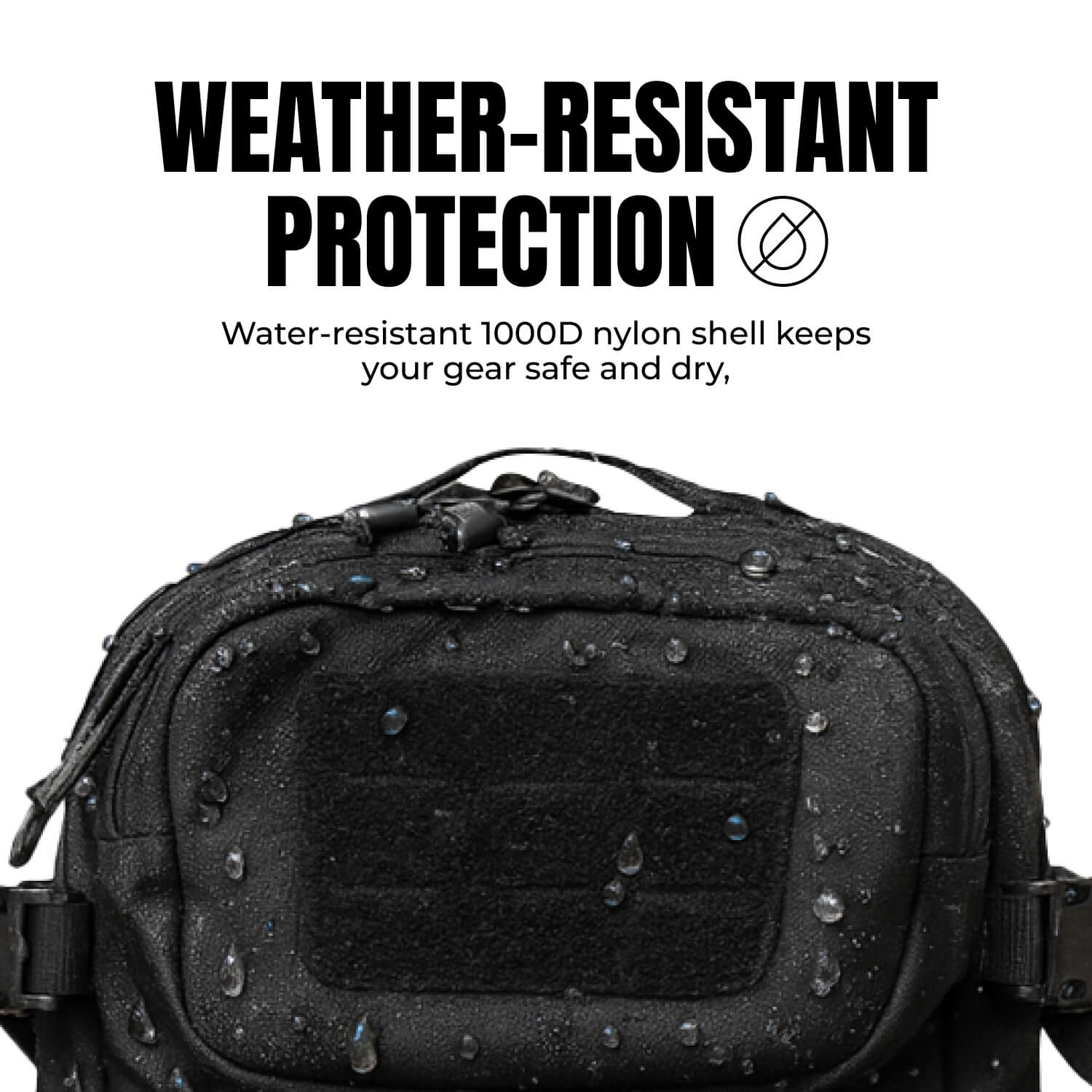 Black bag with water droplets, text about weather-resistant protection.