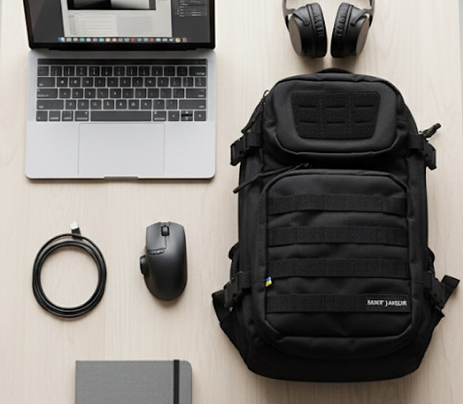 Laptop, black backpack, headphones, mouse, cable, and notebook on a light wooden surface.