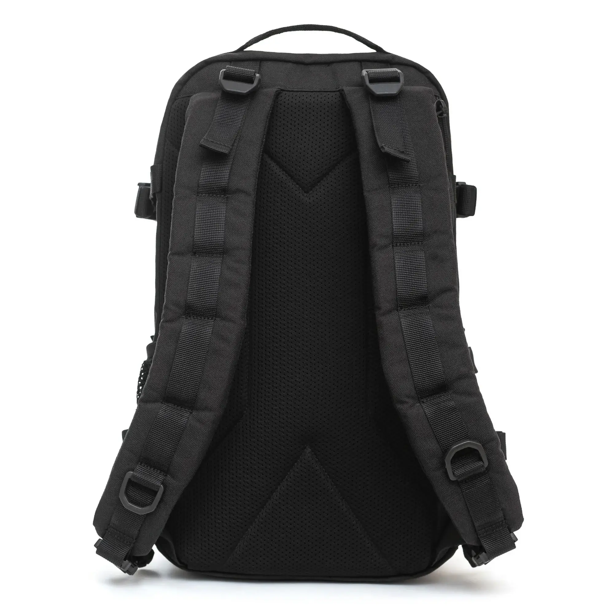 Black backpack with two padded straps and a top handle.