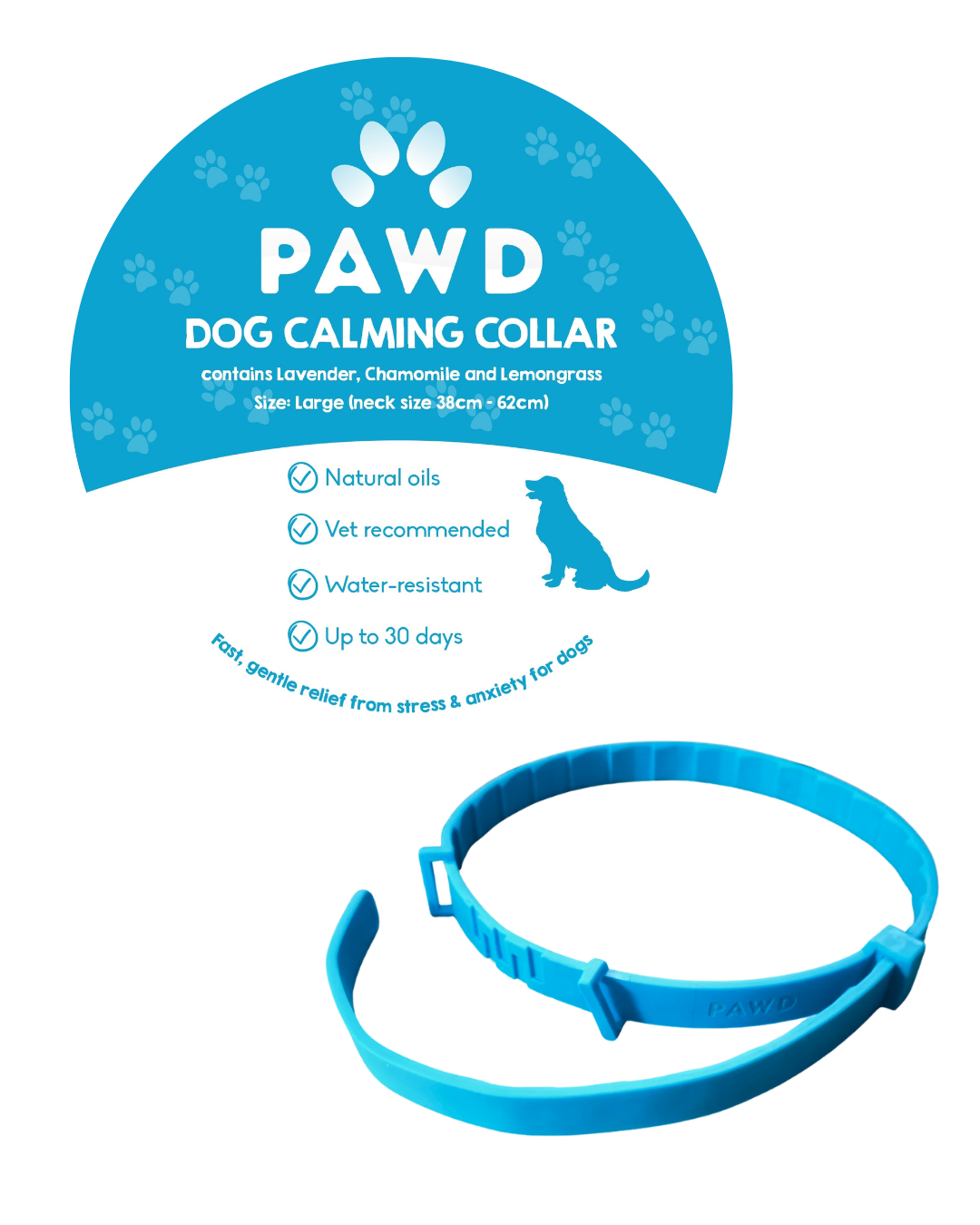 Blue dog calming collar with descriptive label and features listed.
