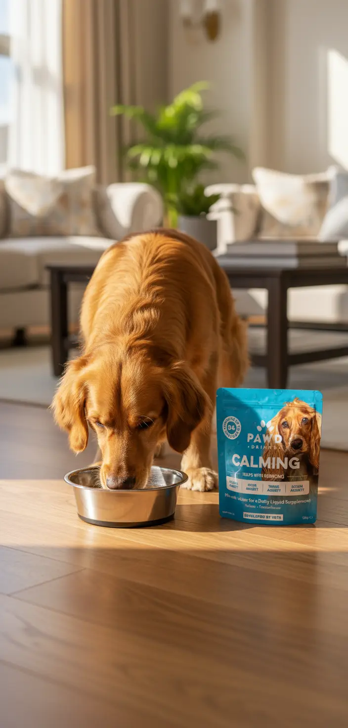 A golden retriever eats from a metal bowl next to a pouch of Pawd Dràmso dog supplement.