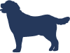 A dark blue silhouette of a large, fluffy dog standing and facing left.
