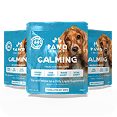 Three blue pouches of PAWD Calming dog supplements, each featuring a picture of a cocker spaniel.