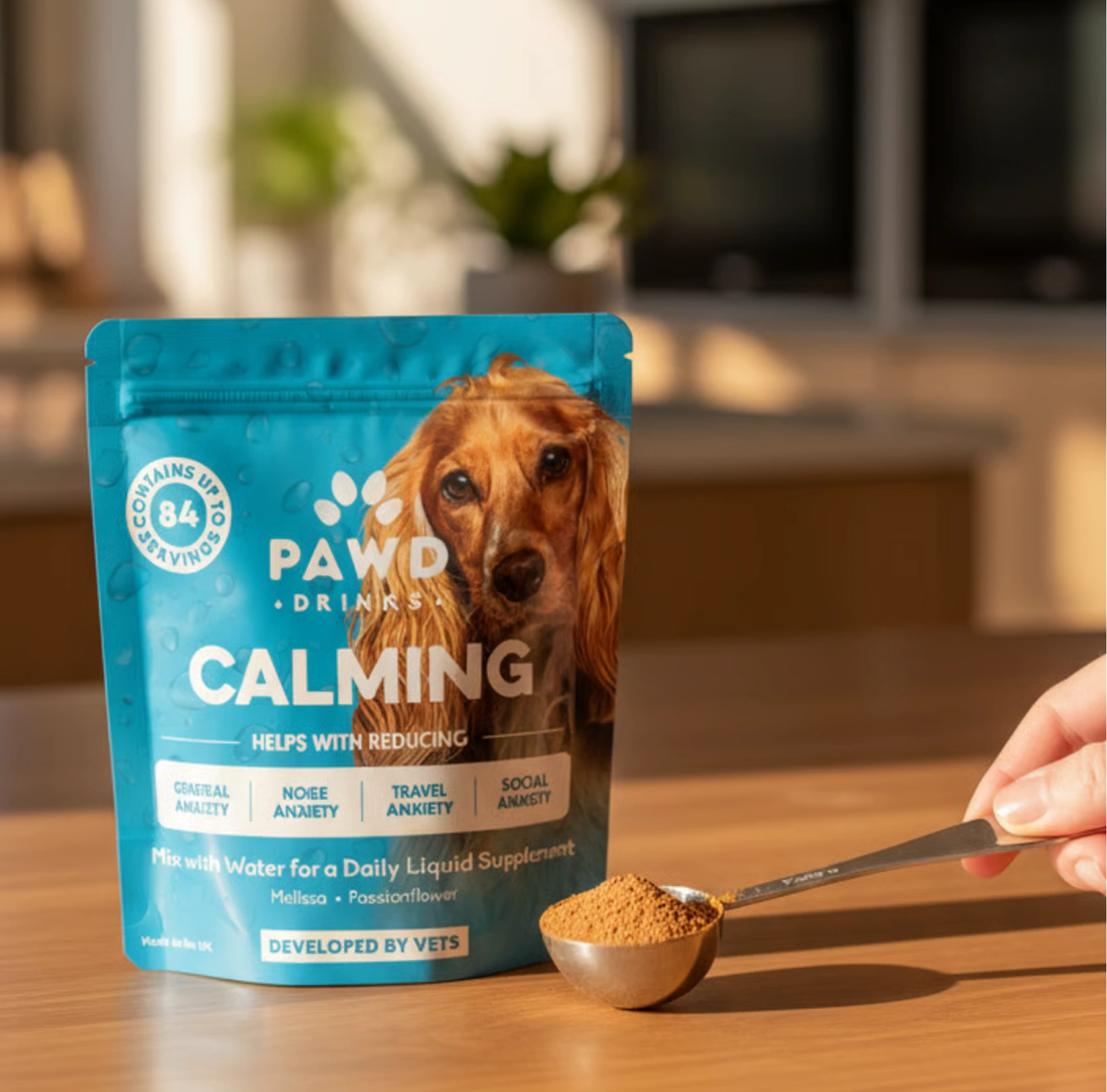 A hand holds a spoonful of brown powder next to a bag of Pawd Drinks Calming dog supplement.