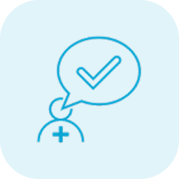A line-art icon of a person with a plus sign and a speech bubble containing a checkmark.
