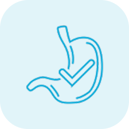 A blue line icon of a stomach with a checkmark inside it on a light blue background.