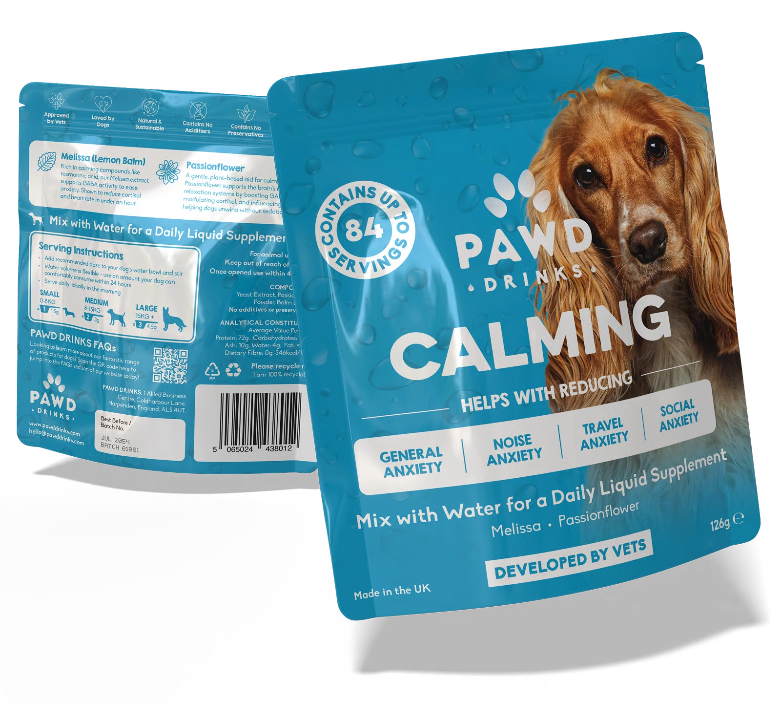A blue pouch of PAWD Drinks Calming, a liquid supplement for dogs, with a cocker spaniel on the label.