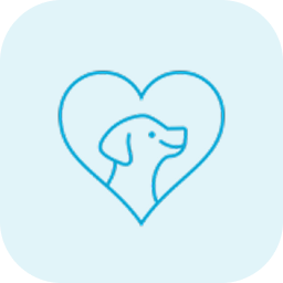 A blue line-drawing icon of a dog's head inside a heart.