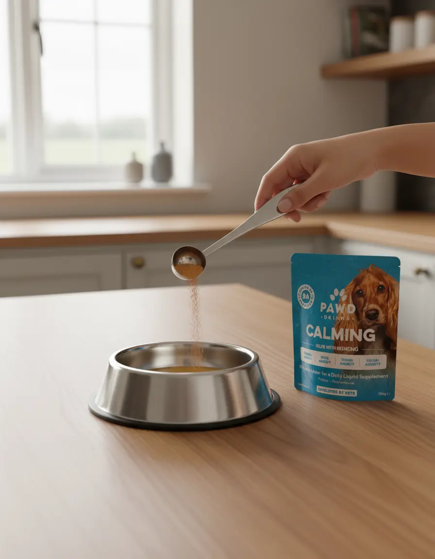 A person pours a powdered dog supplement from a spoon into a metal bowl on a table.