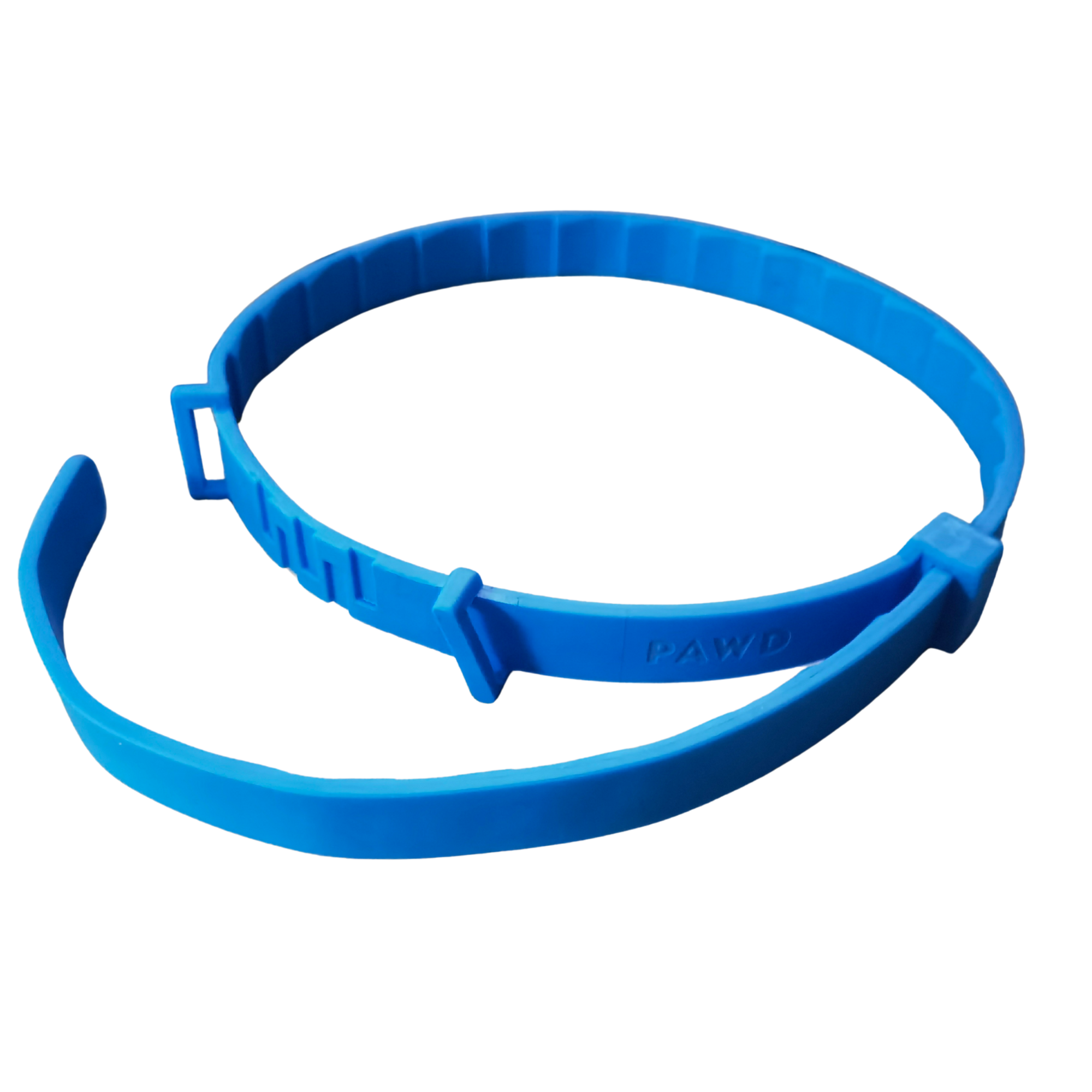 Two blue plastic adjustable bands on a white background.