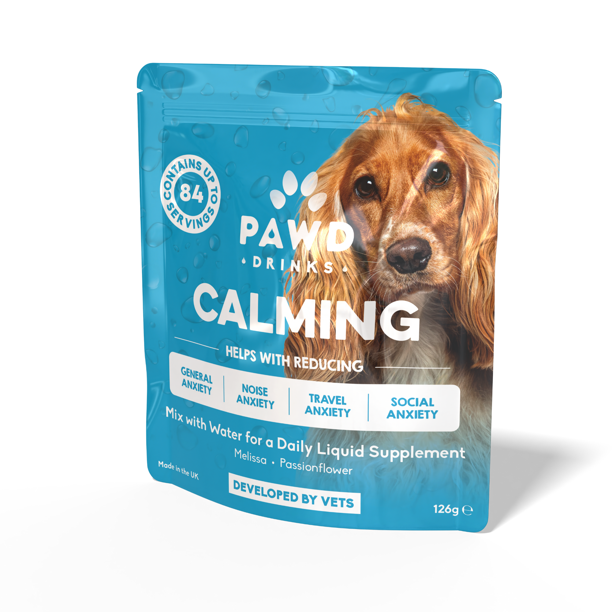 Blue pet supplement package with a dog image and calming benefits listed.