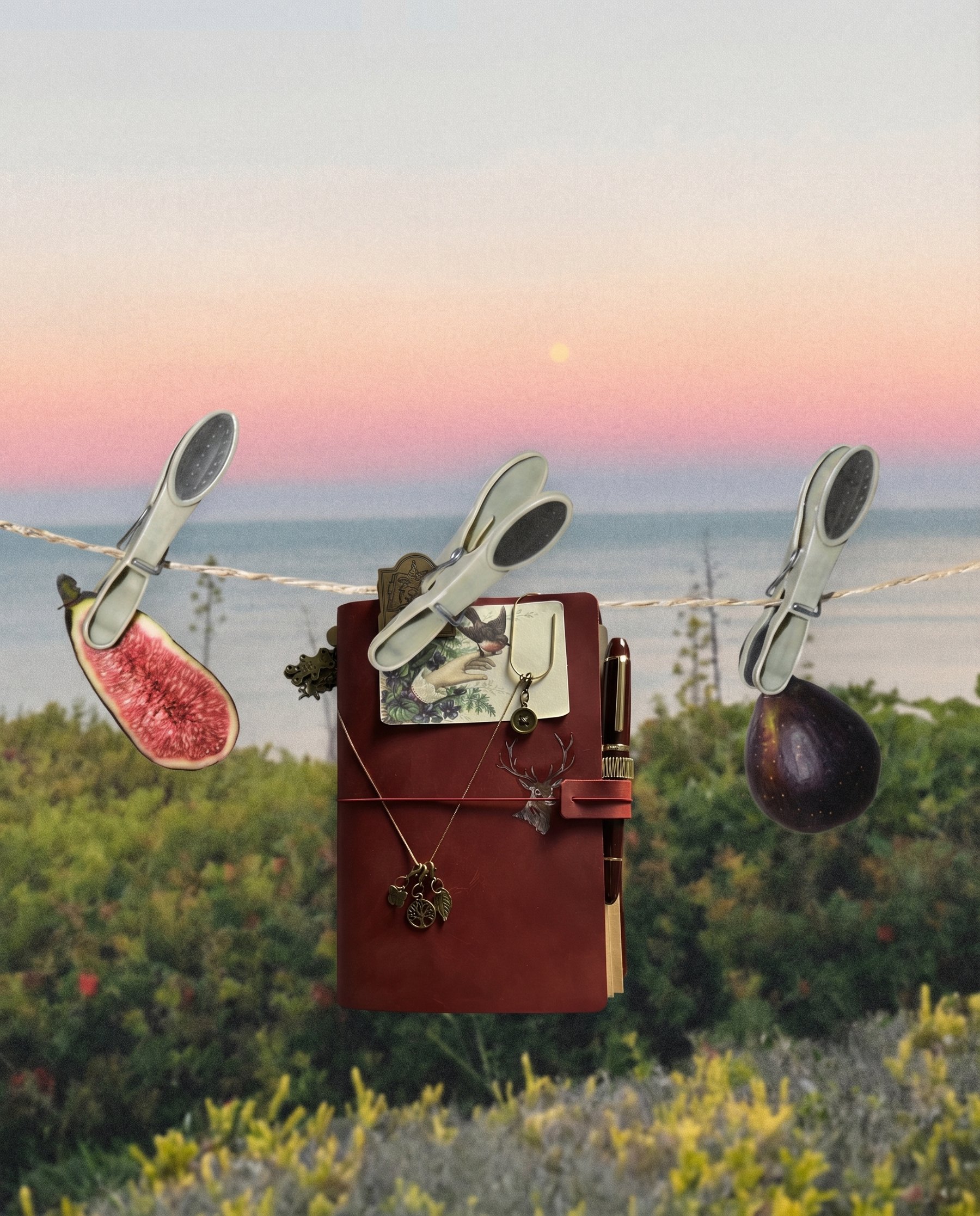 A journal and two figs hang from clothespins on a clothesline in front of a coastal sunset
