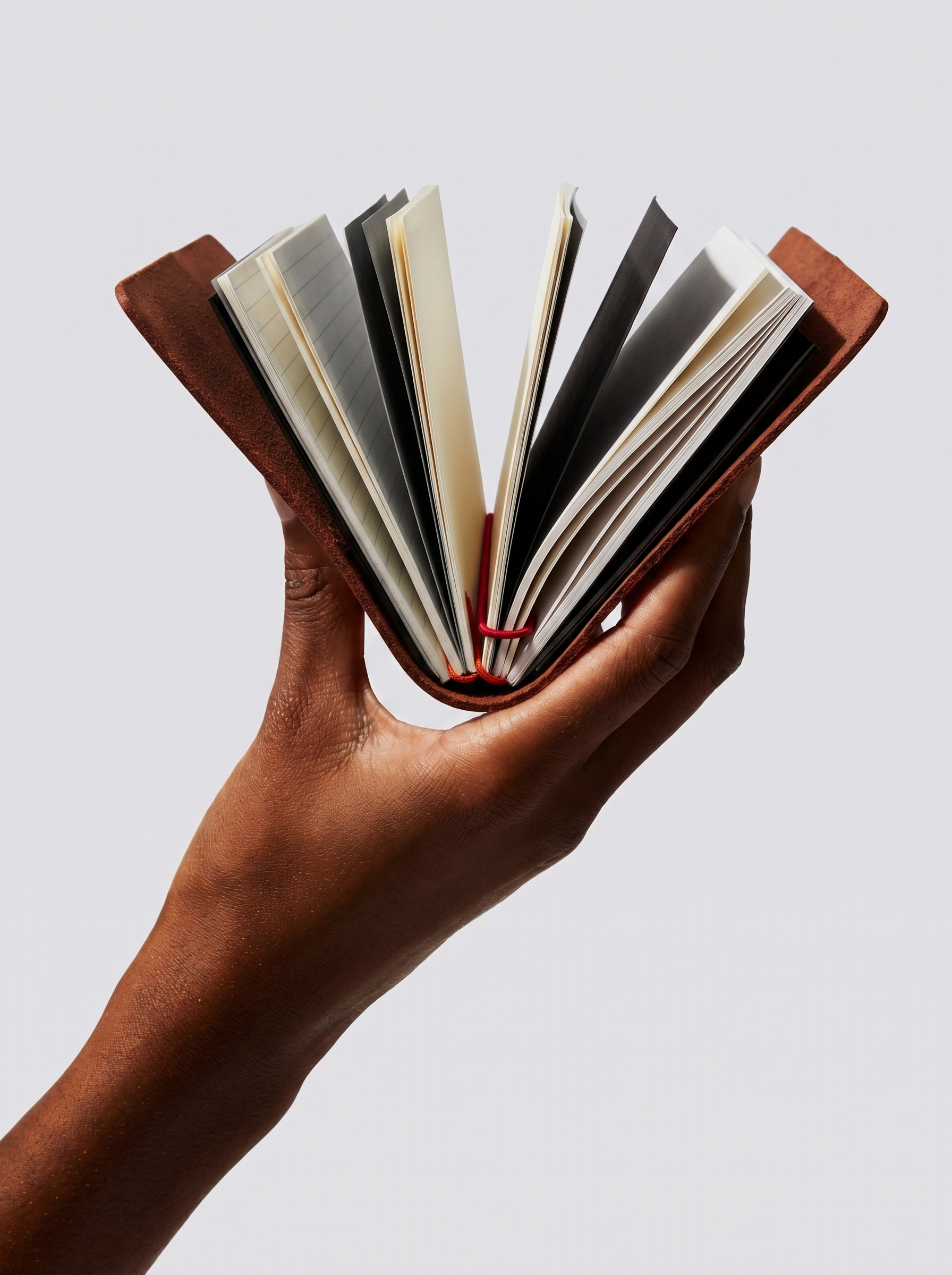 A hand holds a small notebook with a brown cover open, fanning out the pages