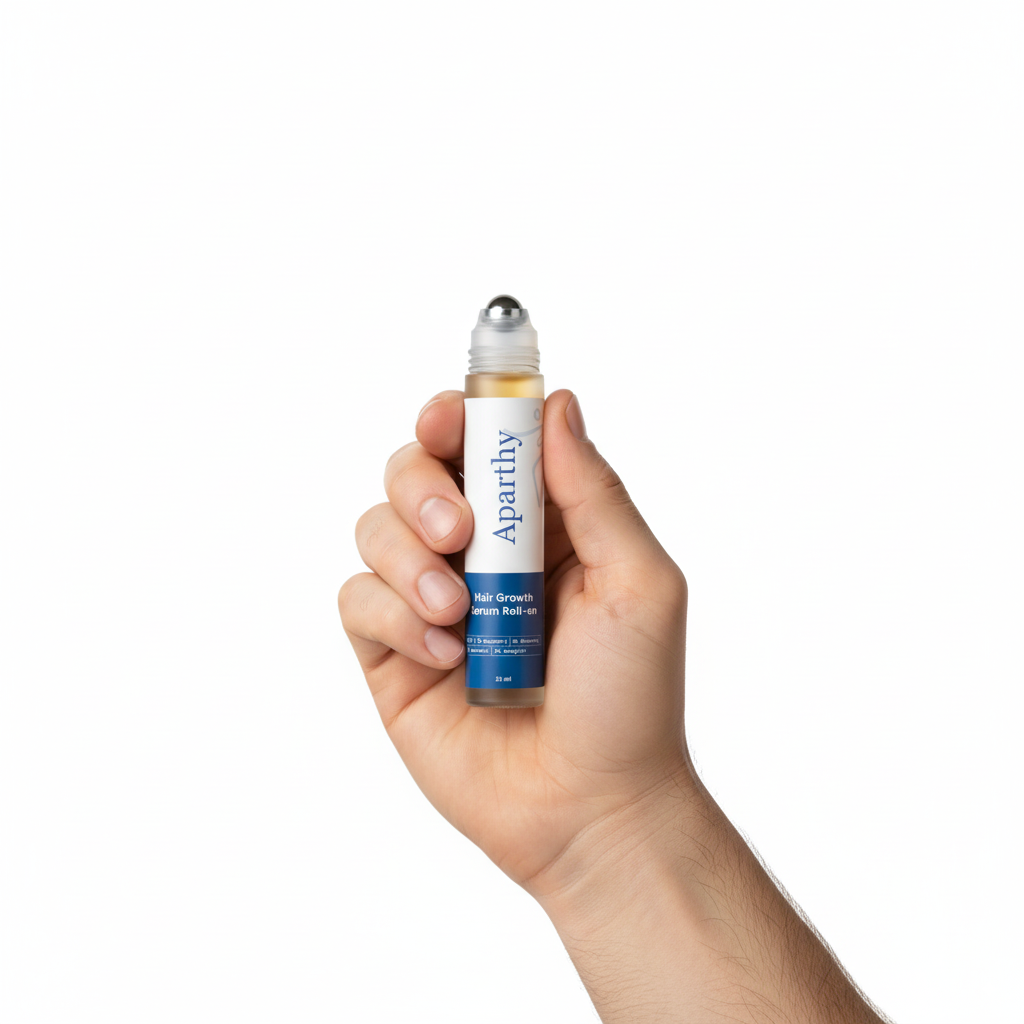 Hand holding a hair growth serum roll-on bottle.