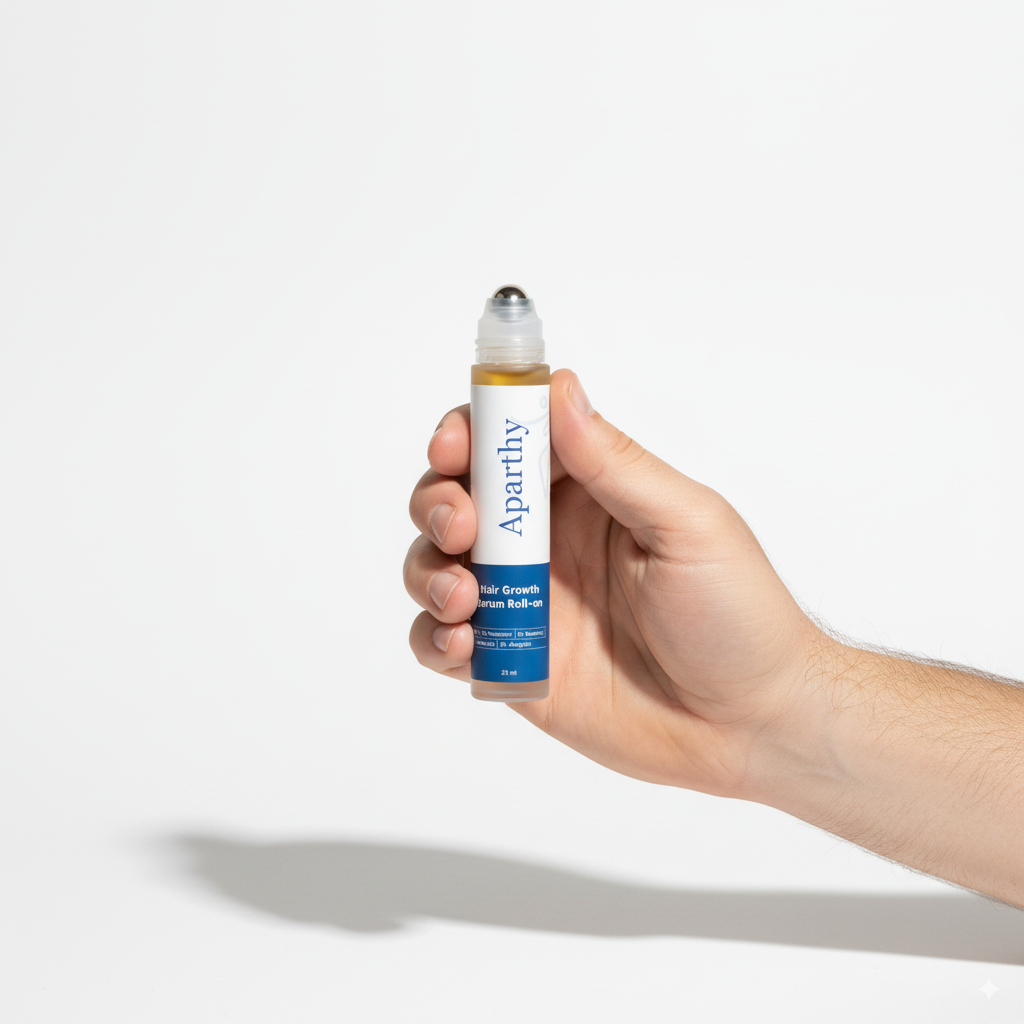 Hand holding a hair growth serum roll-on.